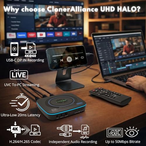 ClonerAlliance UHD Halo, 4K@60fps Standalone Video Recorder with H.265/H.264 Codec, HDMI & Mobile Dual Capture, 4K@60fps Passthrough, Audio Extract/Mix.