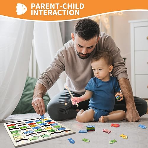 Diaodey Wooden Magnetic Fishing Game for Toddlers, Montessori Fine Motor Skills Toy with Letters and Numbers, Preschool Learning ABC and Puzzle Educational Toys Gift for 3 4 5+ Year Old Kids(2 Poles)