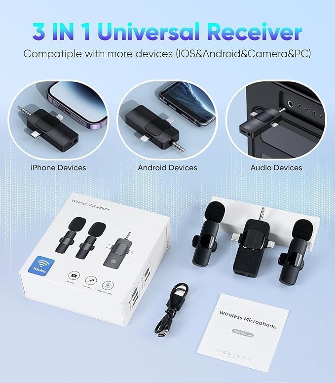 3 in 1 Wireless Lavalier Microphone for iPhone, Android, Camera, 12Hour Battery, Noise Reduction Recording Mic 2.4G Ultra-Low Delay, Mini Microphone for Vlog/TikTok/YouTube Live Stream(2 Mic)