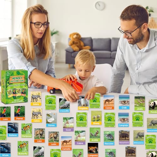 gisgfim 100 PCS Memory Matching Games Spanish English Bilingual Animal Memory Matching Games Educational Game for Kids and Adults A Fun & Fast Animal Game Toddlers Preschool Family Board Gift - style: Spanish English Bilingual Animal