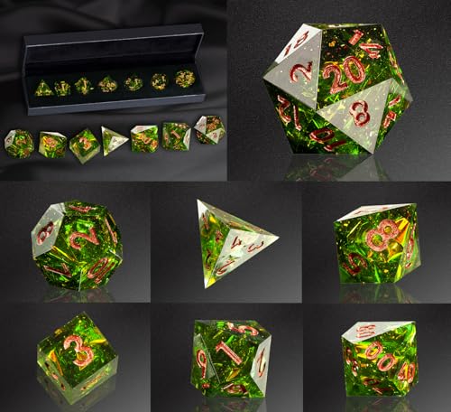 DND Resin Sharp Edge Polyhedral Dice Set,for Dungeons and Dragons RPG MTG Table Games,7 Pcs Handmade Gemstone Dice Set - color: Verdant Gild