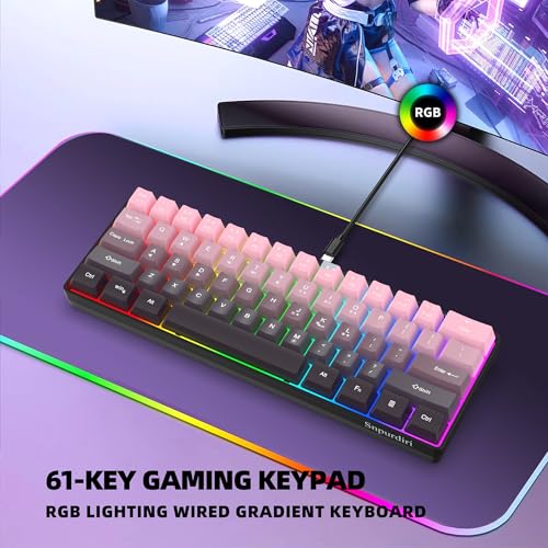 Snpurdiri 60% Wired Gaming Keyboard, Pink-Black | 61 Keys, RGB Backlit Ultra-Compact Small Gaming Keyboard for PC/Mac Gamer, Typist, Travel, Easy to Carry on Business Trip - color: Gradient Pink and Black