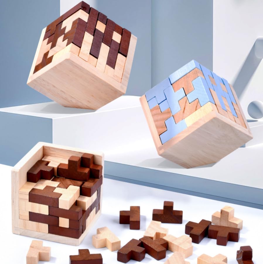 Ahyuan Wooden Brain Teaser Puzzle Cube Wooden Puzzles T-Shaped Jigsaw Logic Puzzle Educational Toy for Kids and Adults by AHYUAN (Brown and Natural) - color: Brown and Natural