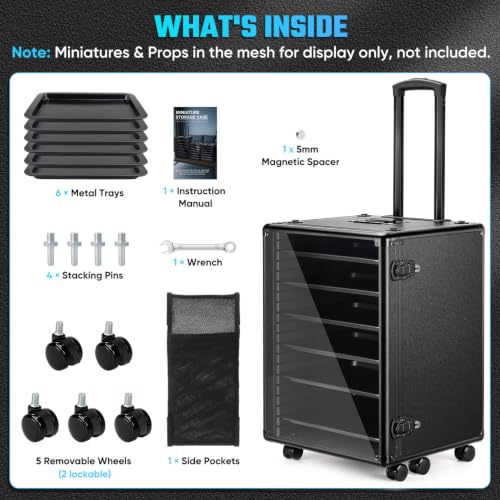 Miniatures Storage Case Miniatures Transport Case Stackable Carrying Case with Trolley & 360° Wheels 6 Trays. Aluminum Alloy Frame with Lock Slot (1.2X-Large Size) - size: 1.2X-Large