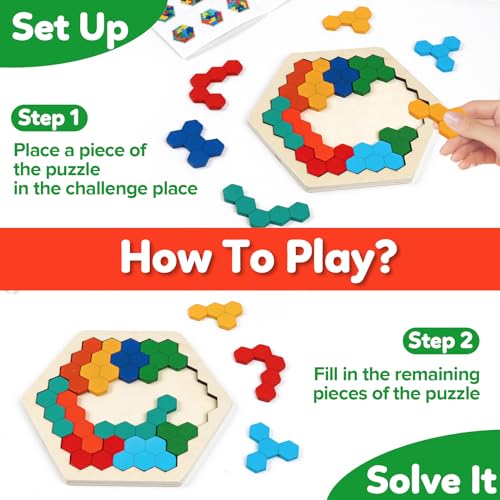Wooden Puzzles,Geometric Shape Logic Hexagon Puzzle Toys Brain Teasers STEM Montessori Educatioanl IQ Board Games Easter Basket Stuffers Gift for Kids Boys Girls Ages 3+ (4 Pack) - style: Puzzle set-4pcs