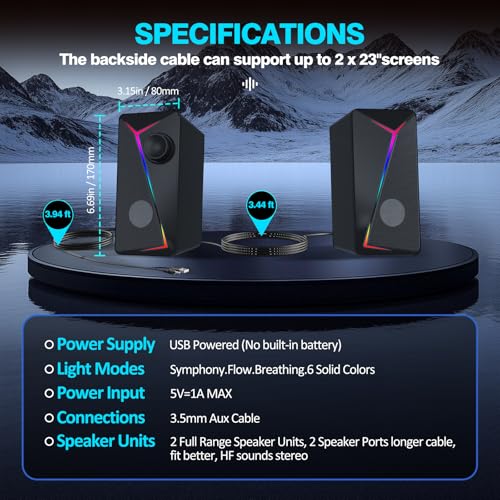 Computer Speakers for Desktop PC, USB AUX Stereo Speaker with RGB Lights, Plug and Play Monitor Speakers for Laptop Gaming Office,Extended Cable 3.44ft,Crisp Stereo Sound - style: CO-706