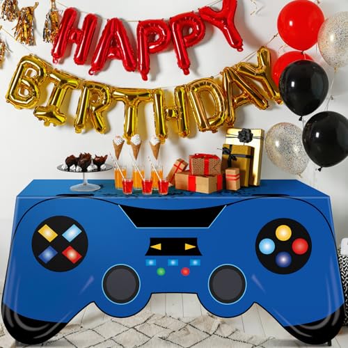 6 Ft Video Game Tablecloth Birthday Party Decoration Blue Gaming Controller Shaped Table Cover Game Pad Table Covers Protector Washable Polyester Party Supplies for Gamer Player Birthday Decoration