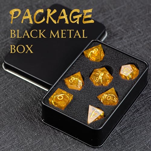 Magic Ring DND Dice Set Resin 7Pcs Dice DND with an Iron Box for DND; COC; Role Playing dice Games and Board Games Gift (Blue) - color: Ring Blue