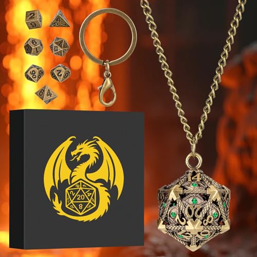 Mini DND Dice Set with Hollow D20 Metal Case Portable Keychain Necklace, Tiny 7pcs Polyhedral D&D Dice Set, DND Gifts with Gift Box, D&D Accessories for RPG(Green Diamond, Bronze) - color: Bronze