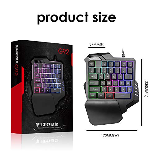 One-Handed Gaming Keyboard, Wired Mini 35 Keys Single Hand with Rainbow Fixed Backlit, Portable Gamer Keyboard with Ergonomic Design of Wrist Rest, Macro Recording Function, for PC Computer