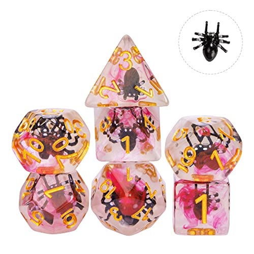 Cusdie 7-Die DND Dice, Polyhedral Dice Set Filled with Animal, for Role Playing Game D&D Dice (Black Spider) - color: Black Spide