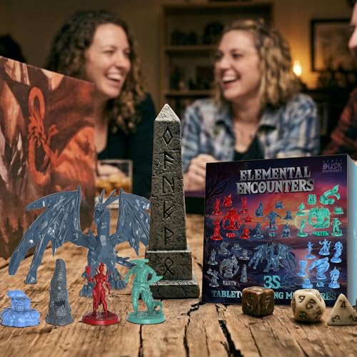 Underdusk Elemental Encounters: 35 DND Miniatures for D&D Campaign – Fire, Ice, Water, Air & Earth Figures with 5 Treasure Chests, 28mm Unpainted Tabletop Minis, 5e Stat Blocks Included