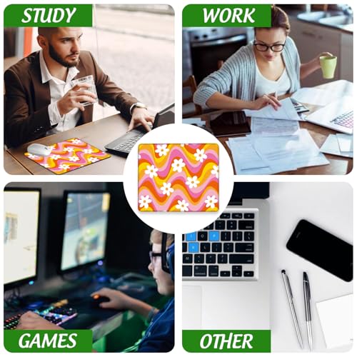 Retro Floral Groovy Daisy Mouse Pad Square MousePads Non-Slip Rubber Base Mouse Mat Desk Pad with Stitched Edge for Desk Computers Laptop Office, 9.5x8 Inches - color: Retro Floral Groovy Daisy