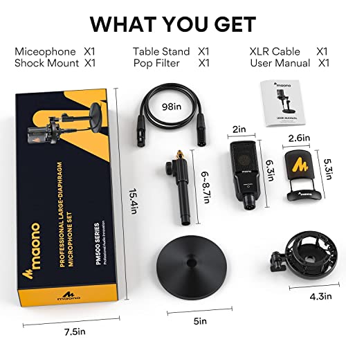 MAONO XLR Condenser Microphone with 34mm Large Diaphragm, Professional Cardioid Studio Mic for Podcasting, Recording, Streaming, Vocals, Voice Over, Music, ASMR(PM500)