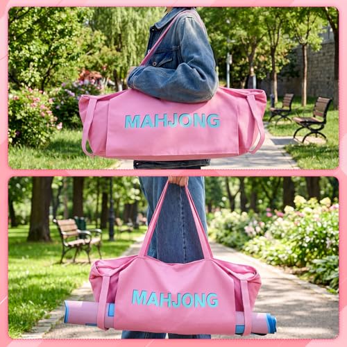 Abbylike 28x9 Inches Mahjong Bag for Rolled Mat Tiles Racks Pushers Accessories Empty Mahjong Tote Bag with Zipper Closure Outer Pockets Lining Large Capacity(Light Pink,Canvas) - color: Light Pink