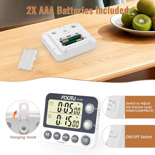 Digital Dual Kitchen Timer with Magnetic Back & Memory Presets, 2 Groups Countdown/Up Stopwatch Timer, 3-Level Volume + LED Alert, On/Off, 100Hr Max for Cooking, Baking (Battery Included) - size: Dual Timer