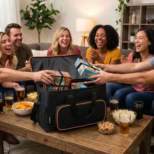 Board Game Bag with Multi-Pockets – Convertible Tote & Shoulder Carry, Includes 5 Elastic Box Bands, 20.5 x 12.6 x 12.6 Inches, for Game Night, Travel & Storage for Gamers (Black) - color: Black