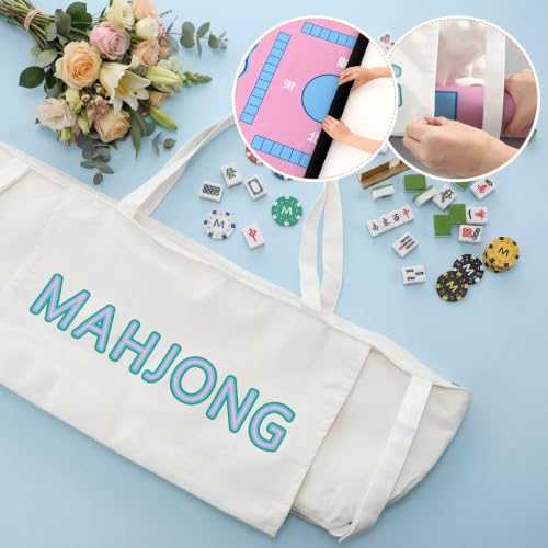 Abbylike 28x9 Inches Mahjong Bag for Rolled Mat Tiles Racks Pushers Accessories Empty Mahjong Tote Bag with Zipper Closure Outer Pockets Lining Large Capacity(Natural White,Canvas) - color: Natural White