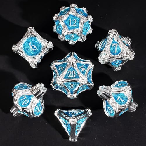 7PCS Metal Dice Set D&D Silver Metal DND Dice for RPG Board Games | Leather Storage Bag, DM Gift, for Dungeons and Dragons Role Playing Games - color: Metal Tree-silverblue