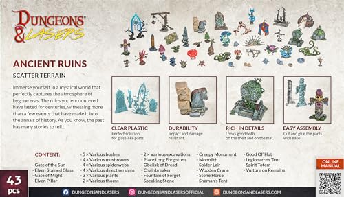 Dungeons & Lasers: Ancient Ruins Scatter Terrain - 43 Piece Modular Design - RPG Terrain for DND and 5E Compatible Tabletop Games - Fits 28/32mm Scale Miniatures - Unpainted & Unassembled - Ages 14+