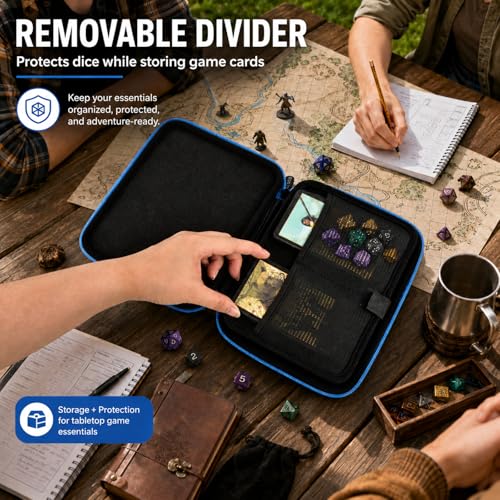 Hard DND Dice Case for 5 Polyhedral Dice Sets, Case Only | Hard shell dice case, holds 5 polyhedral sets, with removable divider and dual mesh pockets for DND/RPG game nights - color: Blue