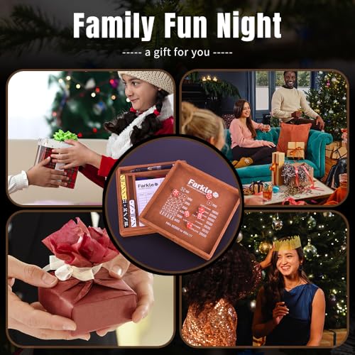 Farkle Dice Tray and Storage Case - Includes Embedded Scoring Combinations, 4 Sets of 6 Pearl Dice, 50 Sheet Score, 2 Scoreboards, 12 Scoring Sticks, and a Pen for The Classic Family Games (Brown)