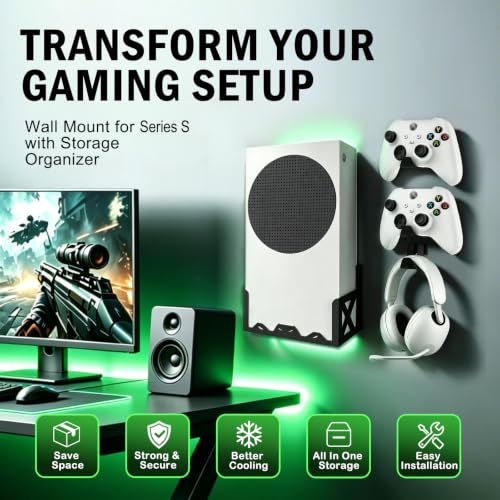 Wall Mount Kit for Xbox Series S,Steel Mount Includes Detachable Controller Holder and Headphone Stand (NOT for Xbox ONE S)
