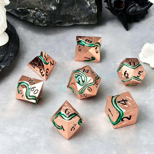 RULE DICE Serpent's Embrace Metal DND Dice Set - 7pc Polyhedral D&D Dice for TTRPGs Like Dungeons and Dragons and Pathfinder - Emerald Green Snake Design, Heavy & Balanced for Tabletop Gaming - color: Ld-rose Gold