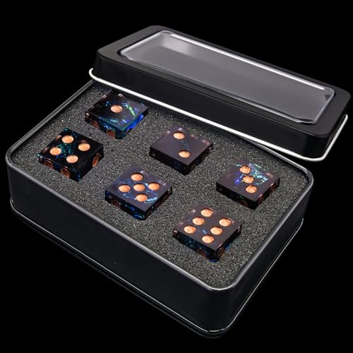 AUSTOR 6 Sided Dice 16mm, 6 Pieces D6 Dice Handmade Sharp Edge Resin Dices Set with Metal Case for Tenzi, Farkle, Yahtzee, Bunco or Teaching Math, Dark Star - color: Dark Star