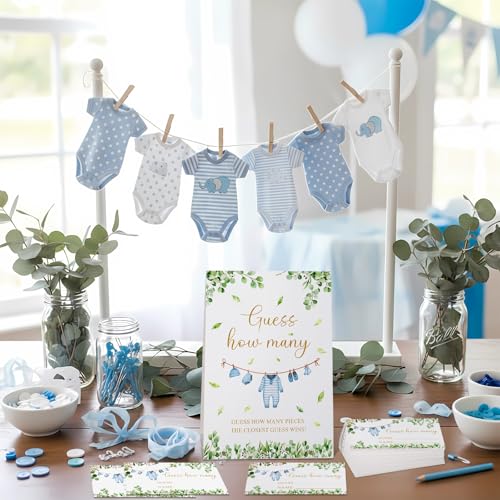 Blue Clothes Guess How Many Baby Shower Game Pack of 1 Tabletop Sign with Stand and 50 How Many Cards, Eucalyptus Gender Reveal Party Game Decorations - style: Eucalyptus