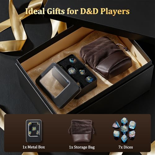 MoKo Resin DND Dice Set, 7PCS Sharp Edge Polyhedral, Pink+Blue | Gold Numbers, D&D RPG Tabletop Games, Gift Box Storage Bag, D20 D12 D10 D8 D6 D4 D% - color: 2 - Pink+blue