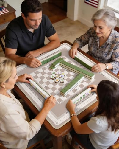 Mahjong Mat Table with Rules Mah Jong Mat Neoprene Travel Chinoiserie Floral Majong Learning Mat Instructions Mahjong Gifts Women Unique Non-Slip Rubber Pad, 31.5" x 31.5", Khaki Plaid - color: Khaki Plaid, size: 31.5" x 31.5"