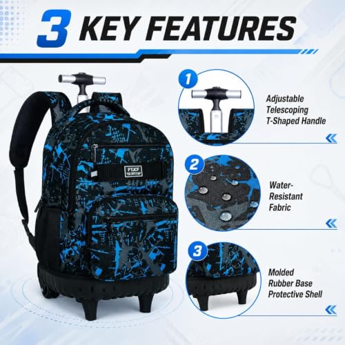 3Pcs Rolling Backpack for Boys Men, Travel Roller Backpacks with Wheels for Adults, Teens College Graffiti Wheeled Bookbag with Lunch Box(Blue) - color: Airbrush Blue
