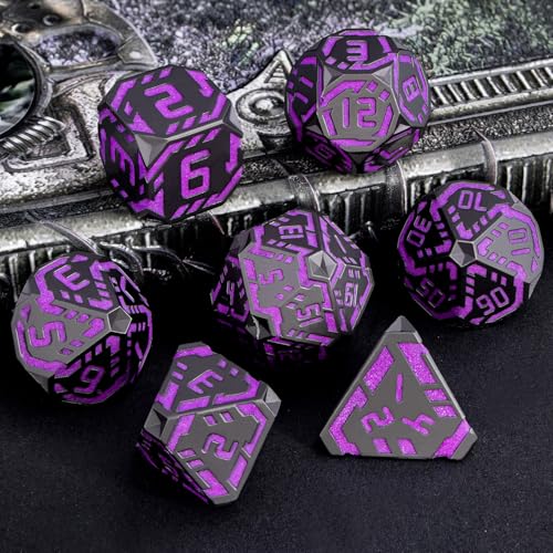 Metal DND Sci-fi Dice Set 7PCS Luminous Purple Stripe Polyhedral Dice for Dungeons Dragons RPG Role Playing Game, Glitter D and D Dice with Gift Box D6 D8 D10 D12 D20 - color: Nightlight - Purple