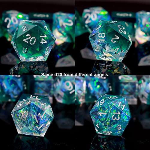 Haxtec DND Dice Set Sharp Edge Resin Dice Iridecent Inclusion with Dice Case Green D&D Dice for RPG Role Playing Games Compatible with Dungeons and Dragons Gift Galaxy Series - color: Green