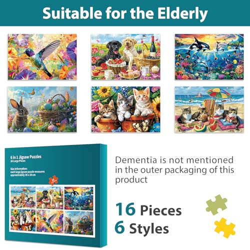 6 Pack 16 Piece Dementia Puzzles for Elderly Large Piece Puzzles Alzheimers Dementia Products and Activities for Seniors Puzzles Easy Cognitive Games Gift for Seniors Elderly Adults in Nursing Home - style: 16 Large Pieces