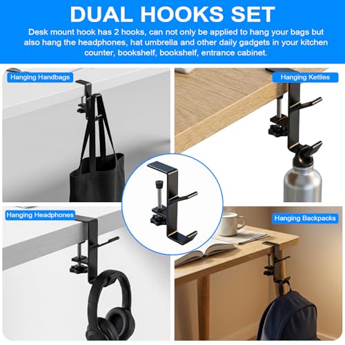 4 Pcs Under Headset Stand - Aluminum Alloy Headphone Holder with 1 Cord Organizer for Desk Fit for PC Gaming Headset Hanger Hook Suitable for Office,Computer, Class Desk, Handmade Creator Table,Black
