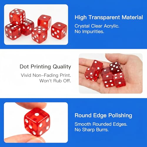 12 Piece 19 mm Casino Style Dice Set, Acrylic Translucent D6 Dice with Square Rounded Edge, Red for Craps, Table Games, Board Games, RPG, MTG, DND(Red) - color: Red