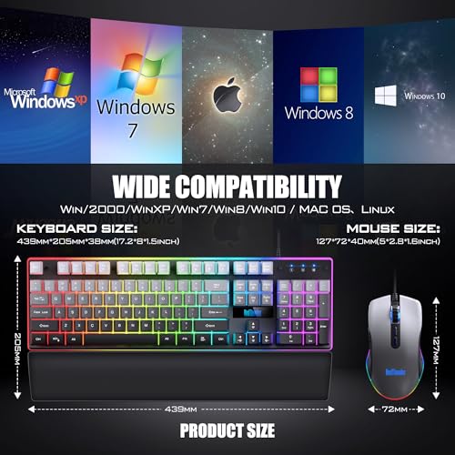 RedThunder K10 Wired Gaming Keyboard, Mouse Wrist Rest Combo, RGB Backlit, Mechanical Feel Anti-ghosting Keyboard + 7D 7200 DPI Mice+Soft Leather Wrist Rest 3 in 1 PC Gamer Accessories(Gradient Gray) - color: Gradient Gray