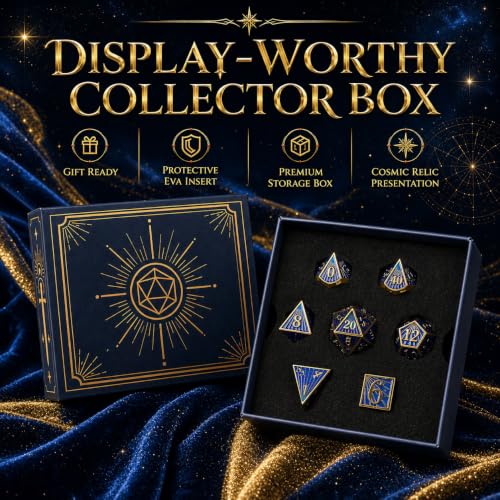 Radiant Array Metal DND Dice Set, 7-Piece RPG Dice | Solid zinc alloy dice with weighty feel, raised numbers, blue gold cosmic design, and a collector box for RPG play. - color: Blue