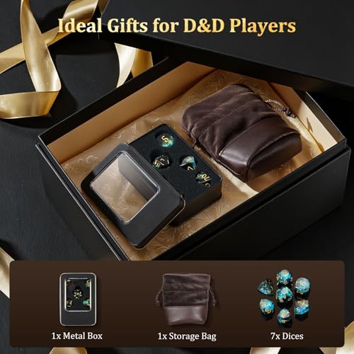 MoKo Resin DND Dice Set, 7PCS Sharp Edge Polyhedral, Dark Green+Blue | Gold Numbers, D&D RPG Tabletop Games, Gift Box Storage Bag, D20 D12 D10 D8 D6 D4 D% - color: 3 - Dark Green+blue