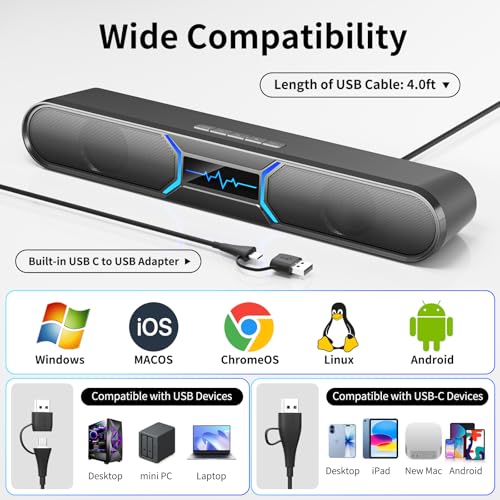 Computer Speakers for Desktop PC, Bluetooth PC Soundbar with Dual Bass Reflex for Monitor, USB Powered RGB Gaming Speakers with USB Wired Input, Stereo Sound for Laptop, Tablet and Desktop Setup