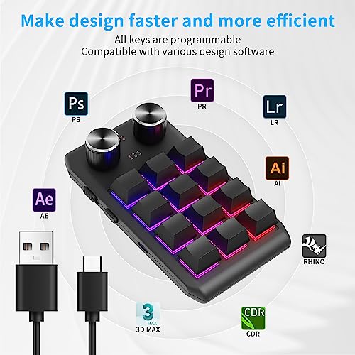 Multifunctional Macro Mechanical Keyboard With 12 Customizable Keys 2 Knobs - One-Handed RGB Gaming Keypad Programmable Ultra-Thin Mechanical Keyboard With 12 Programmable Keys And RGB Backlighting