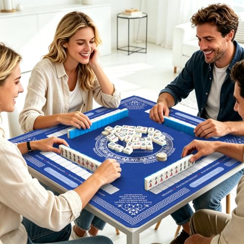 Mahjong Mat for Table with Rules, 31.5" x 31.5" Noise Reduction Non Slip Waterproof Mah Jong Table Mat with Carrying Bag, Suitable for Mahjong, Poker, Board Games, Dominoes, and Card Games - color: Blue White