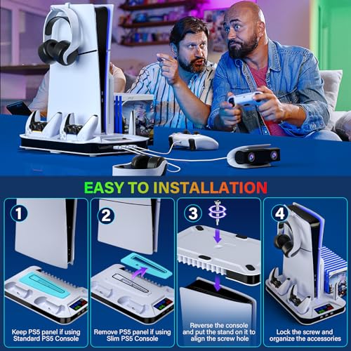 PS5/Slim/Pro Cooling Station with Controller Charging Station for Playstation Console Playstation 5 Slim&Standard Disc/Digital Console, PS5 Pro Stand Cooler Accessories Incl Cooling Fan/3 USB Hubs - color: White