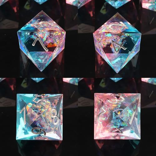 Haxtec Sparkling Sharp Edge Dice Set - Handmade Resin DND Dice with Iridescent Mylar Inclusion, Light Purple and Blue Color Mix-Enchanted Stardust - color: Light Blue Pink