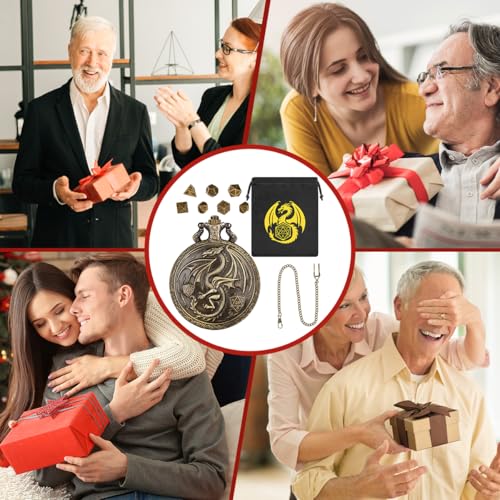 Mini DND Dice Set, with Steampunk Winged Dragon Pocket Watch Shell Case, 7-Piece Polyhedral Metal D&D Dice, DND Gift Bag with Dragon Logo, MTG, Role Play Board Game Accessories, Bronze - color: Bronze