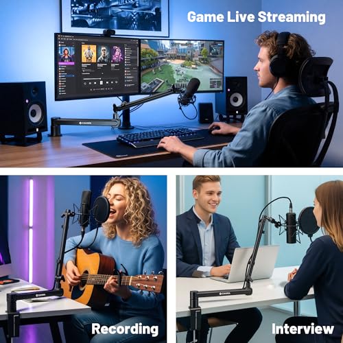 CAHAYA Desk Mount Mic Arm, Low Profile Boom Stand for Streaming, Black | Supports Mics Up to 5.5lb for Podcasting Recording Meetings Compatible with Shure SM7B, BlueYeti, FIFINE, HyperX QuadCast