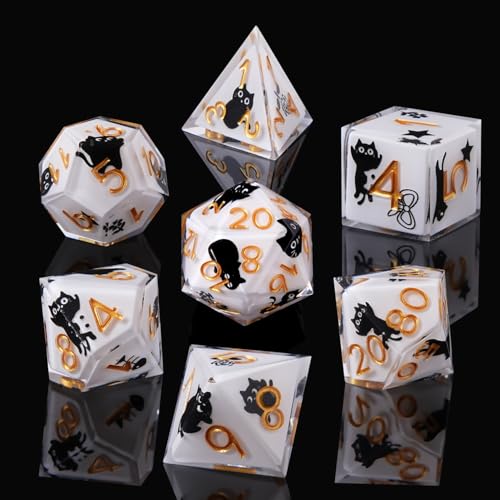 Sharp Edge DND Dice Set Cute Cat Handmade 7 Accessories Dice for Dungeons and Dragons TTRPG Games, Multi-Sided RPG Polyhedral Resin Sharp Edge Dice Roleplaying Games(cat) - color: Cat