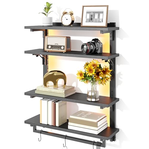 Spacesea Foldable Gaming Floating Shelves with Adjustable Shelf, 24 Inch Wall Mounted Shelves with Dynamic LED, 4 Tier Wall Mounted Shelves with Towel Bar & 8 Hooks, Cool Wall Display Rack